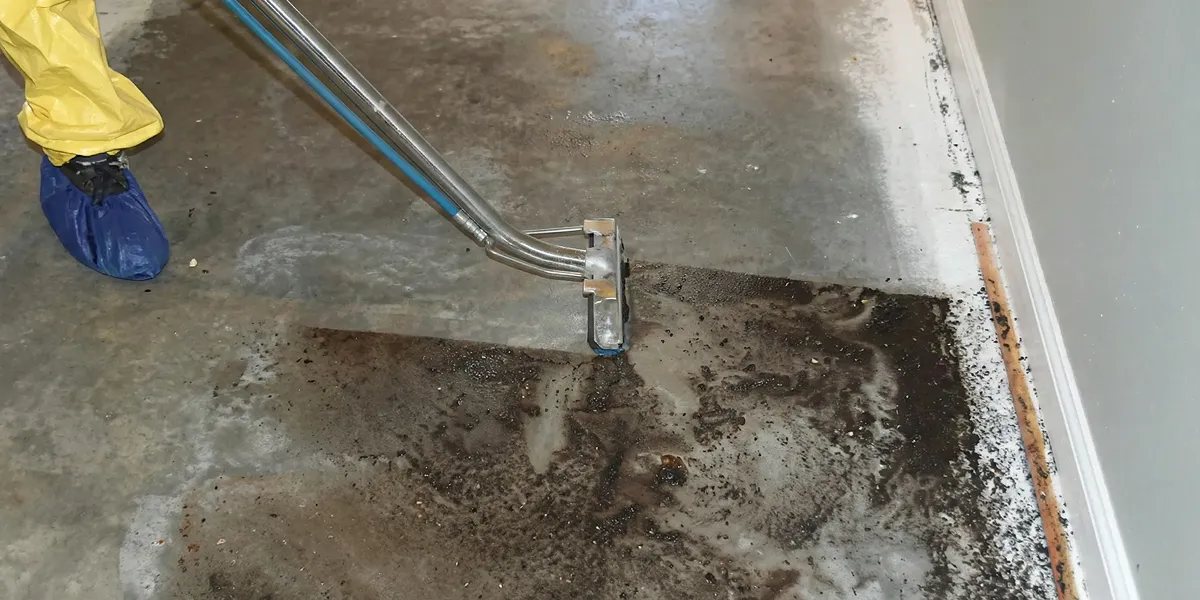 sewage removal technicians extracting contaminated wastewater from a residential floor in New Orleans, LA